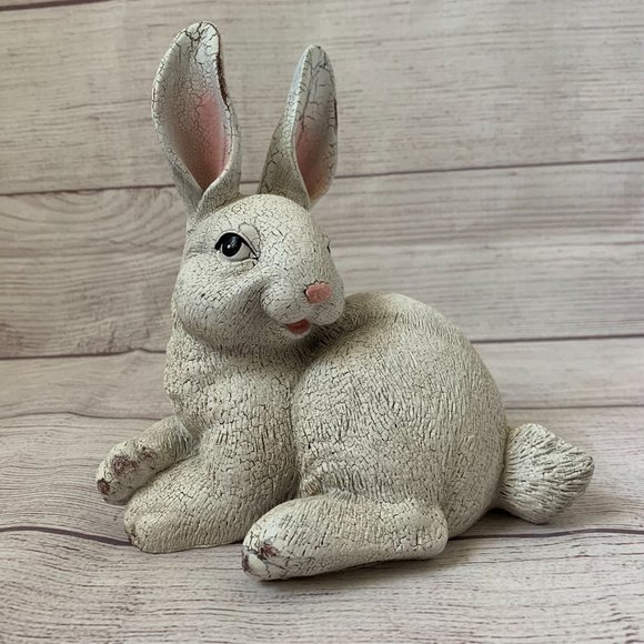 Bunny Rabbit Figurine Statue White Textured Detail Rustic Crackled Ears 6 3/4"H - Picture 11 of 12